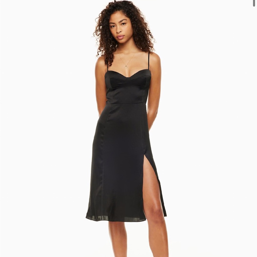 Wilfred Black Satin Midi Slip Dress with Side Slit